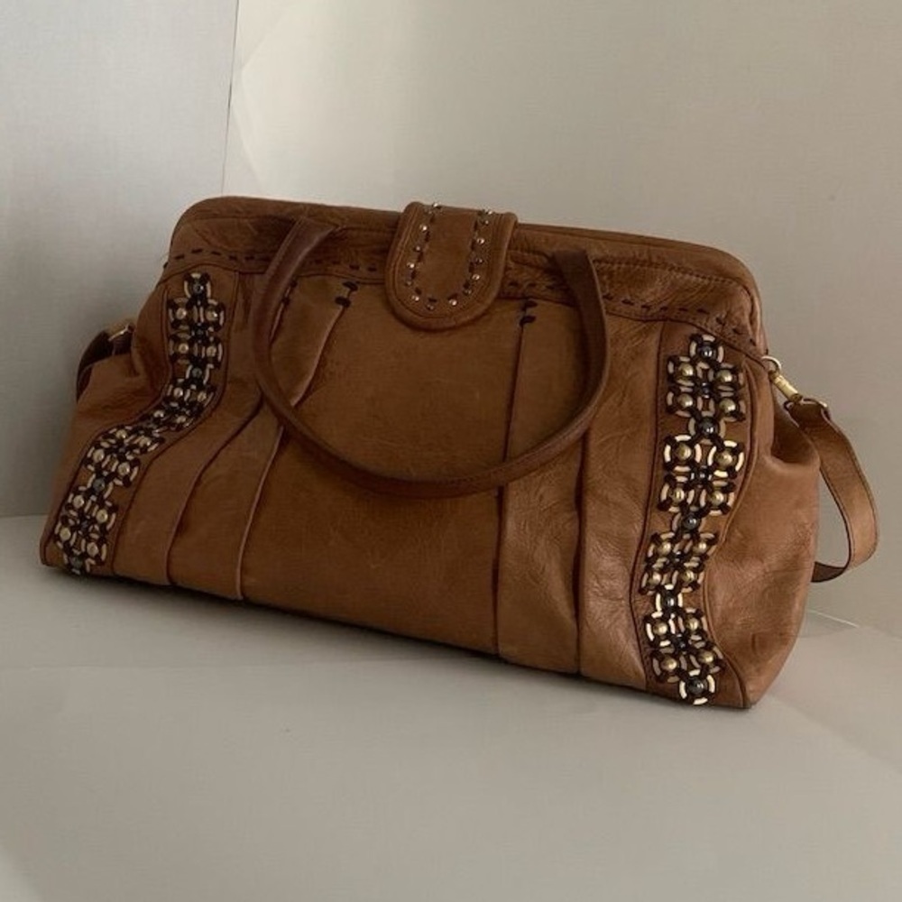 Isabella Fiore Leather Satchel Handbag Studded Boho Y2K Purse Beaded Bag - Picture 15 of 16